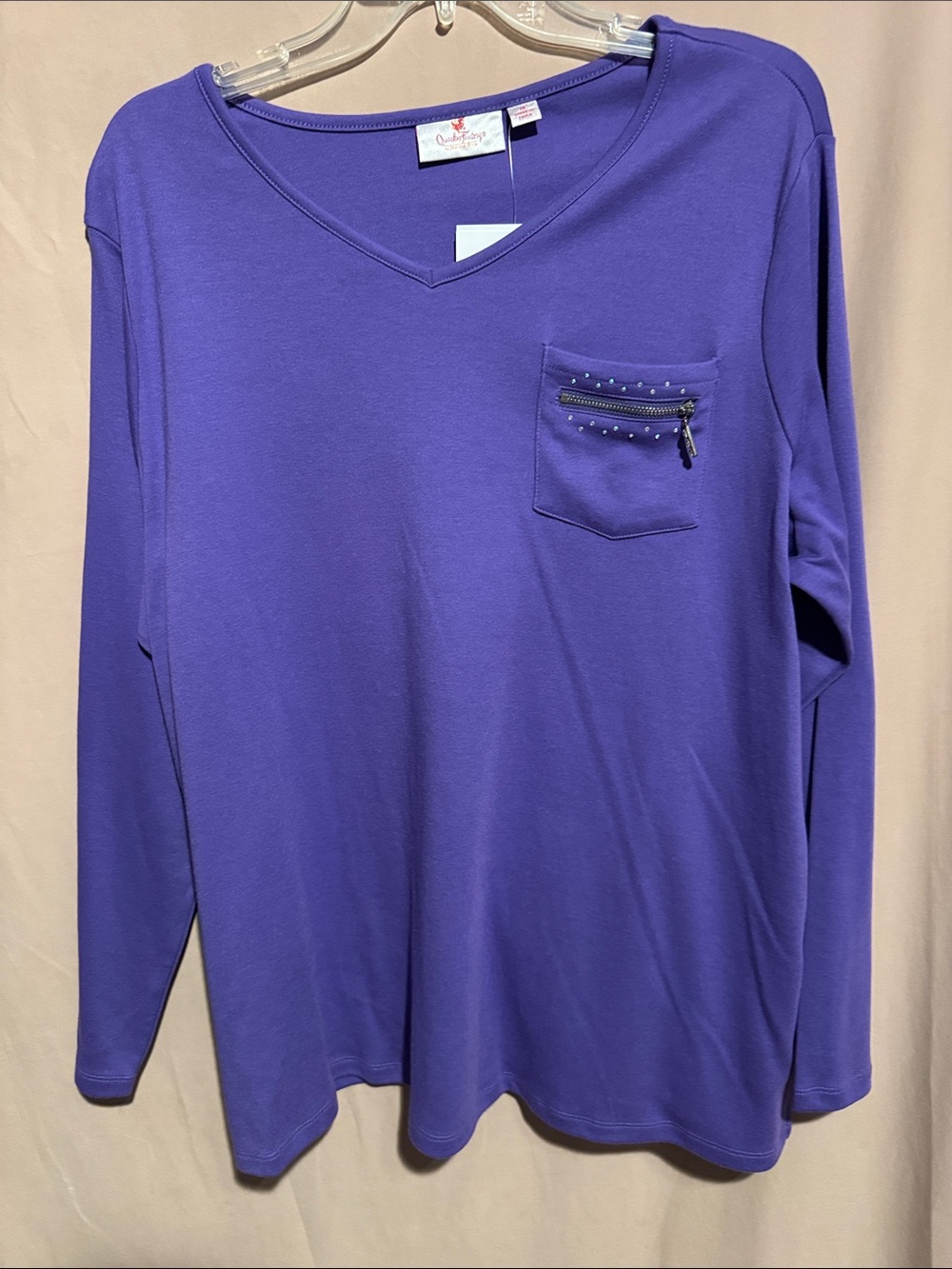 Quacker Factory Purple V-Neck Long Sleeve Top with Studded Zip Pocket